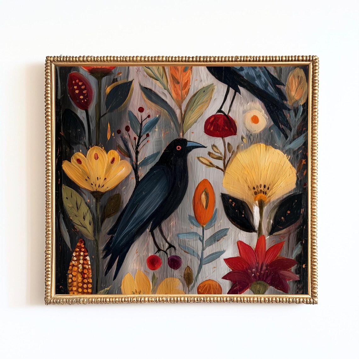 Black Raven Autumn Florals Impasto Painting Moody Fall Botanical Poster