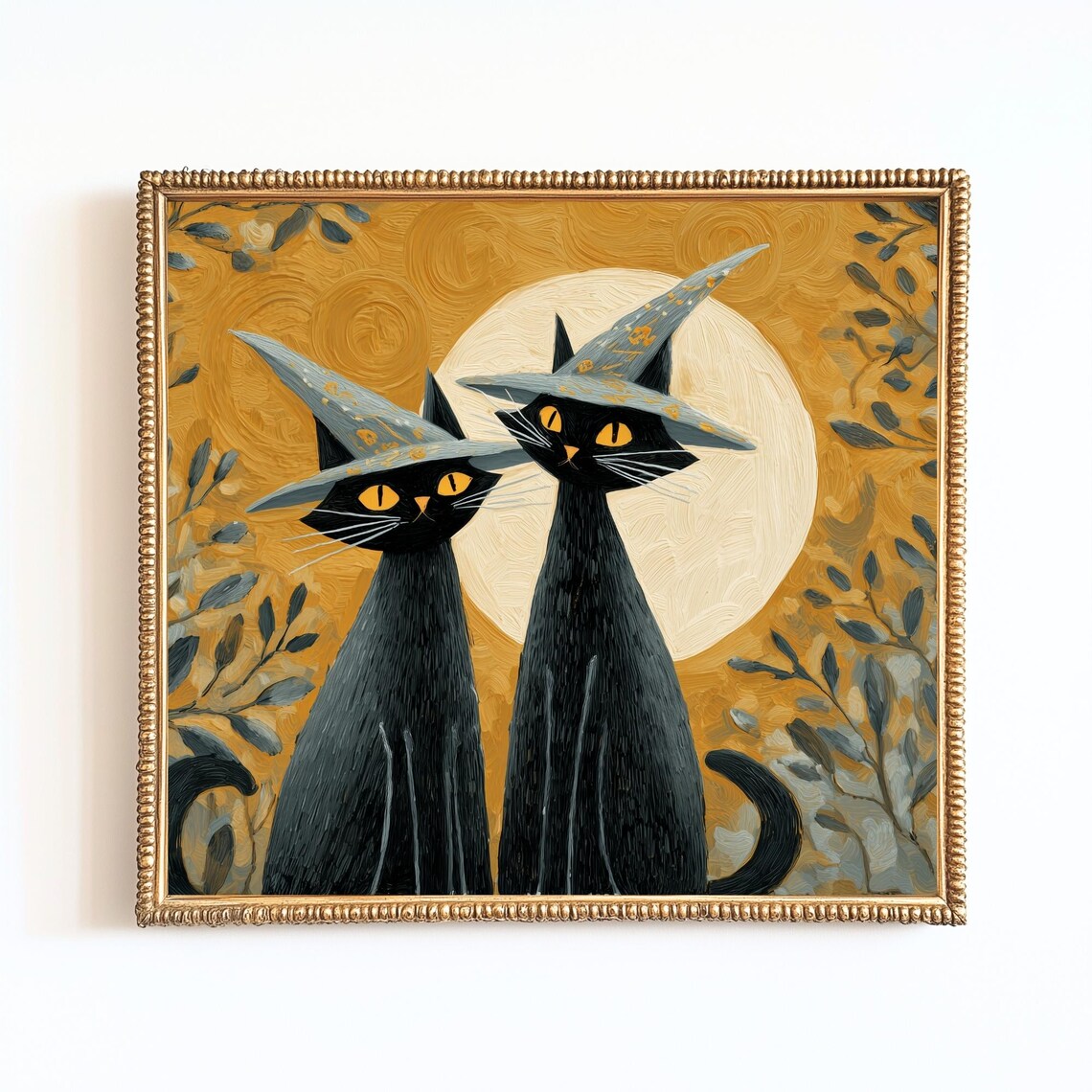 Black Cat Halloween Print Antique Folk Art Autumn Decor