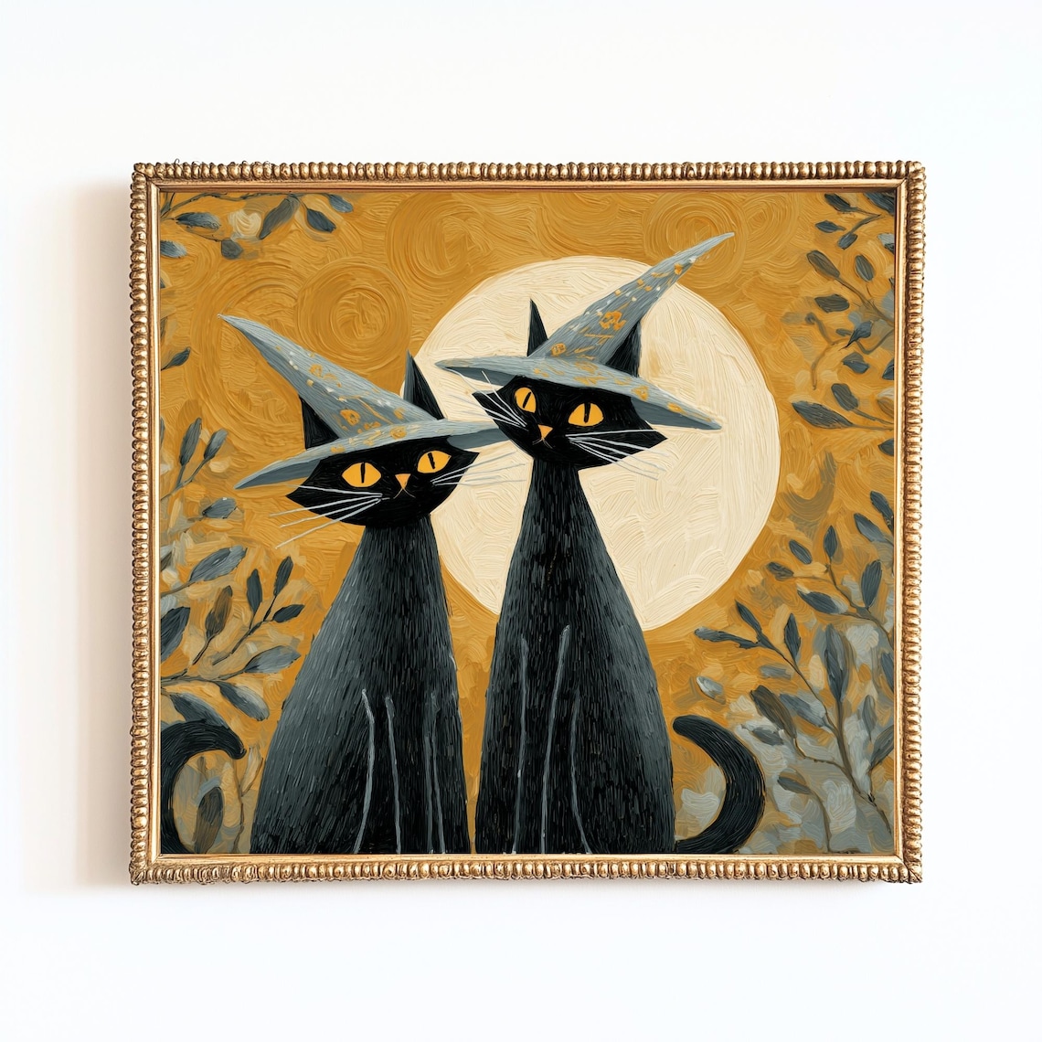 Two Black Cats In Witch Hats Full Moon Folk Art Halloween Decor Print