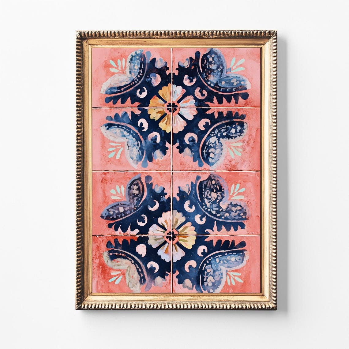 Mediterranean Tile Wall Art Coral Blue Spanish Style
