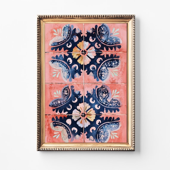 Pink And Navy Floral Tile Mural Mexican Bold Talavera Art Poster