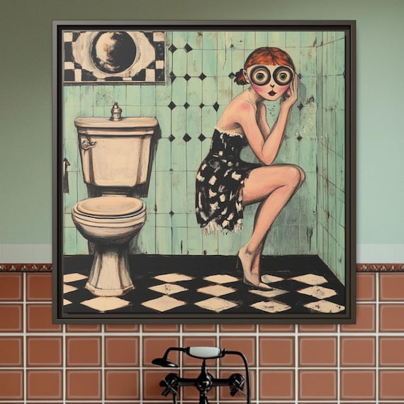 Funny Vintage Bathroom Girl Big Eye Whimsical Toilet Humor Wall Art