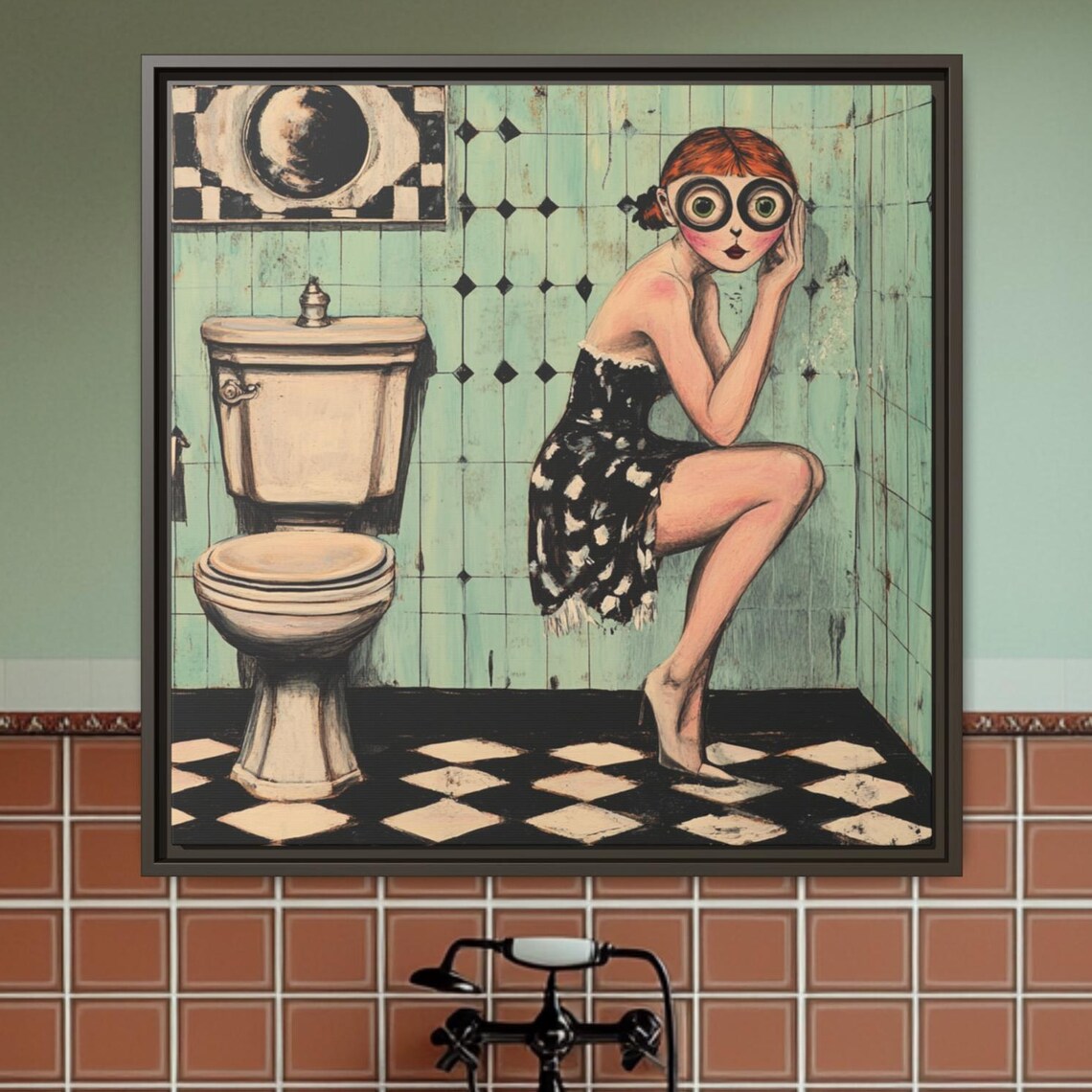 Funny Vintage Bathroom Girl Big Eye Whimsical Toilet Humor Wall Art