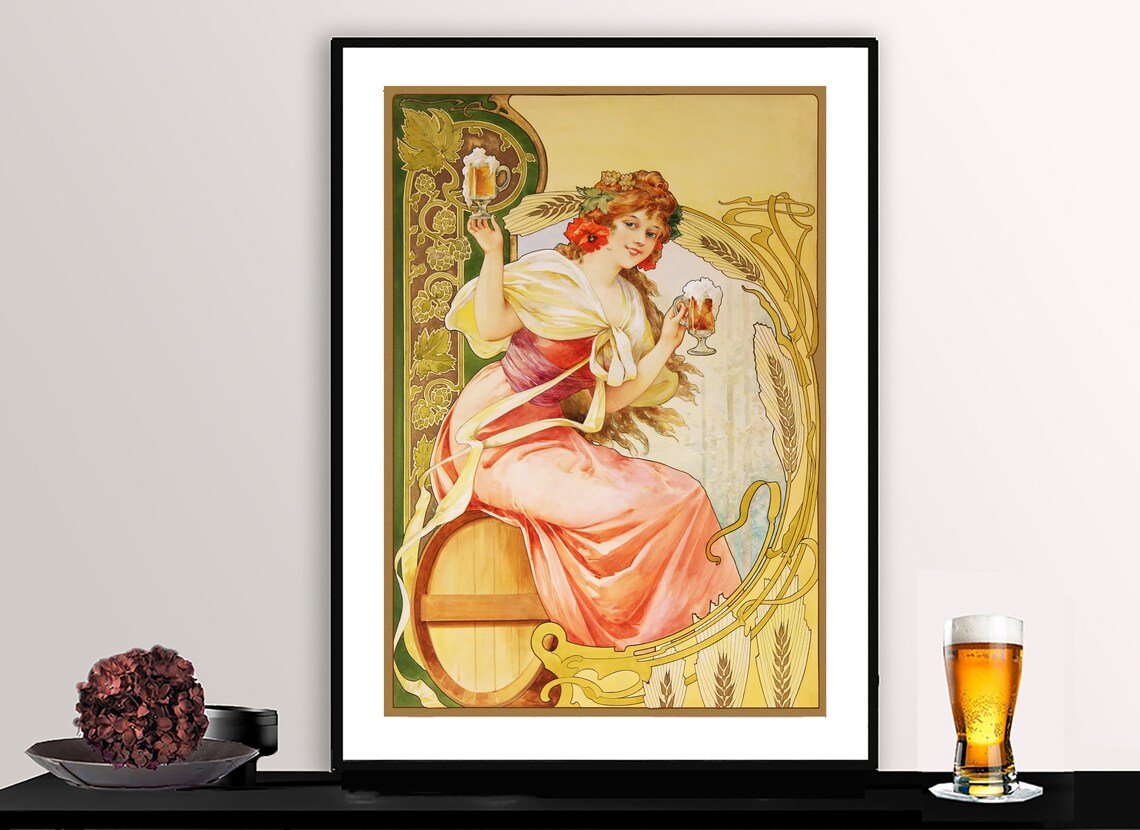 Art Nouveau Beer Maiden on Barrel Vintage Brewery Advertising Poster