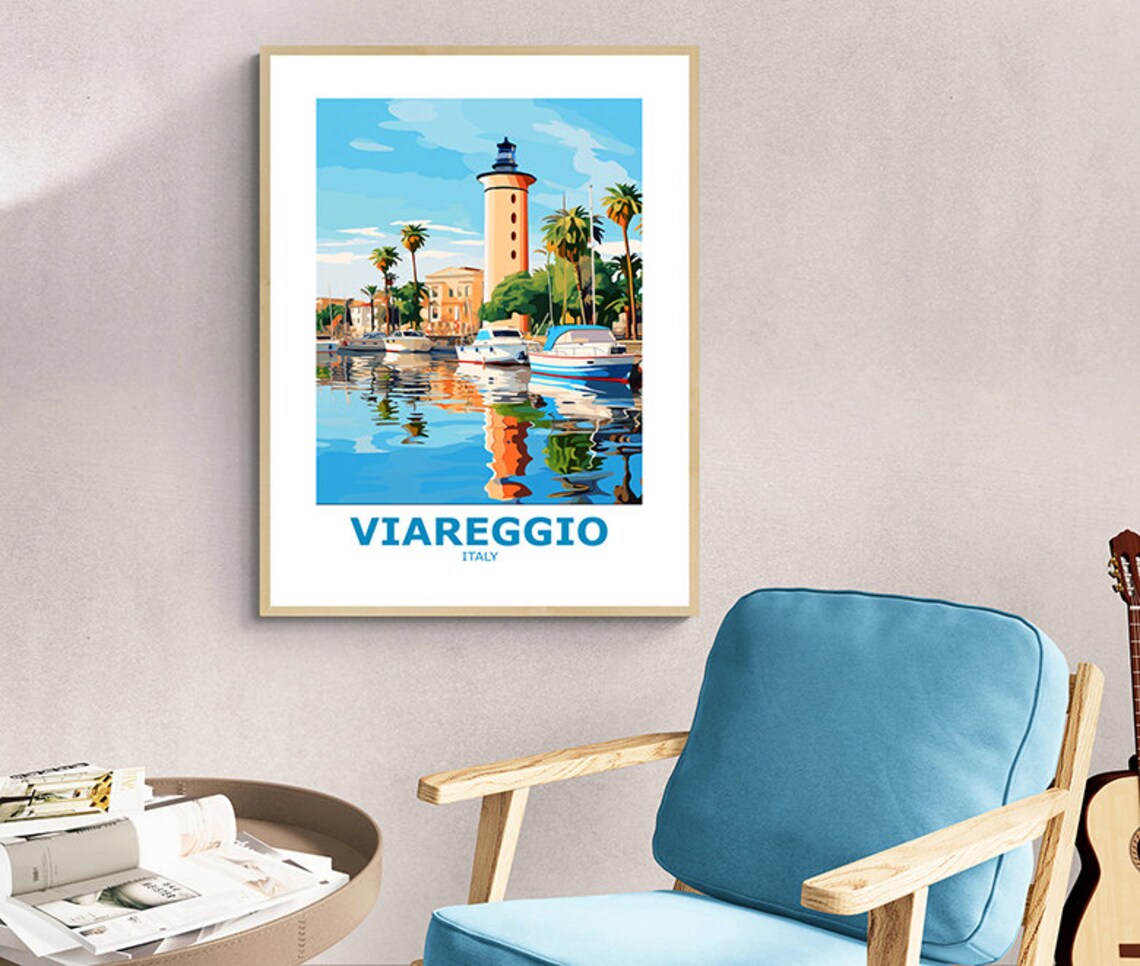 Viareggio Italy Lighthouse Marina Sailboats Palm Trees Coastal Travel Poster - Image 3