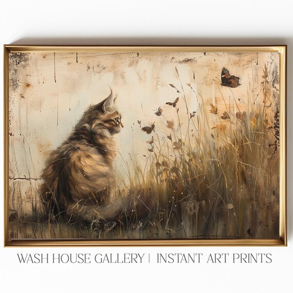 Long Haired Cat Watching Butterflies in Tall Golden Grass Poster