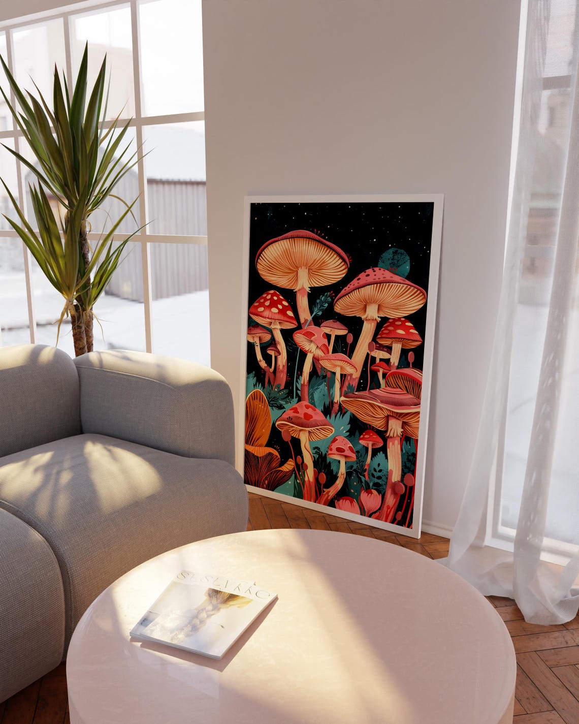 Glowing Red Mushrooms Under Starry Night Sky Whimsical Forest Poster