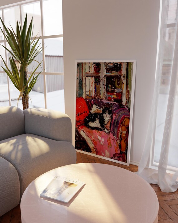 Impressionist Cat Lounging Cozy Interior Oil Painting Art Poster