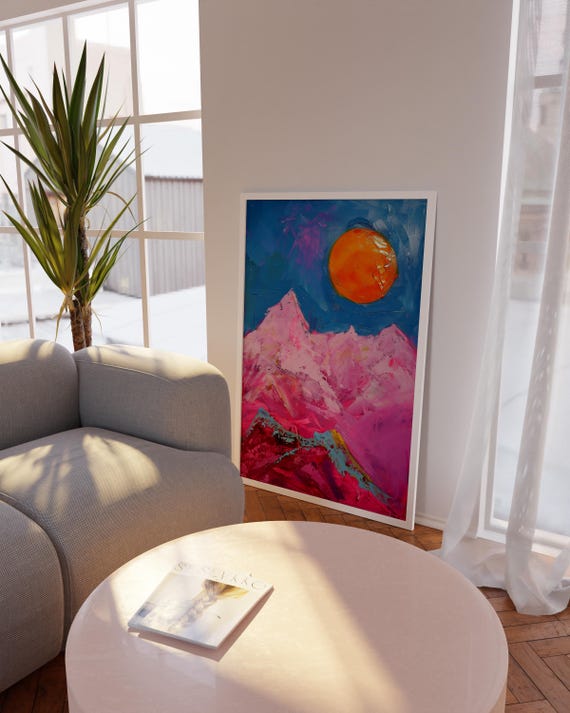 Colorful Pink Mountain Wall Art Abstract Landscape With Sun In Bold Pastel Hues Vibrant Natureinspired Print For Modern Decor