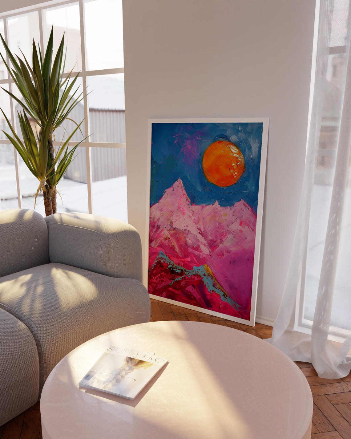 Pink Mountains Orange Sun Abstract Expressionist Landscape Poster
