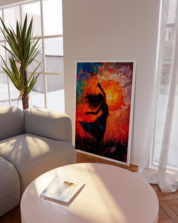 Abstract Dancing Woman Wall Art With Sun Boho Artgolden Sunset Paintingmodern Home Decor Colorful Decoration
