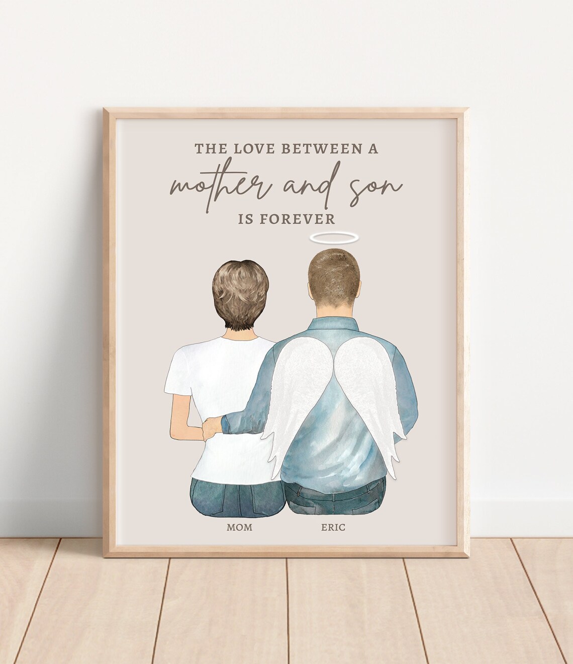 Mother and Son Angel Memorial Portrait Print with Halo Quote