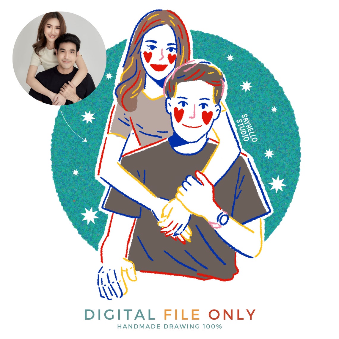 Custom Portrait Cute Couple Gift Wedding Portrait Personalized Handdrawn Art Colorful Line Draw From Photo - Image 3