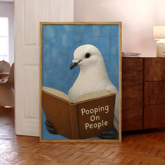Funny Bathroom Print Pigeon Pooping On People Book Poster Toilet Wall Art Decor Humorous Prints Optional Frame