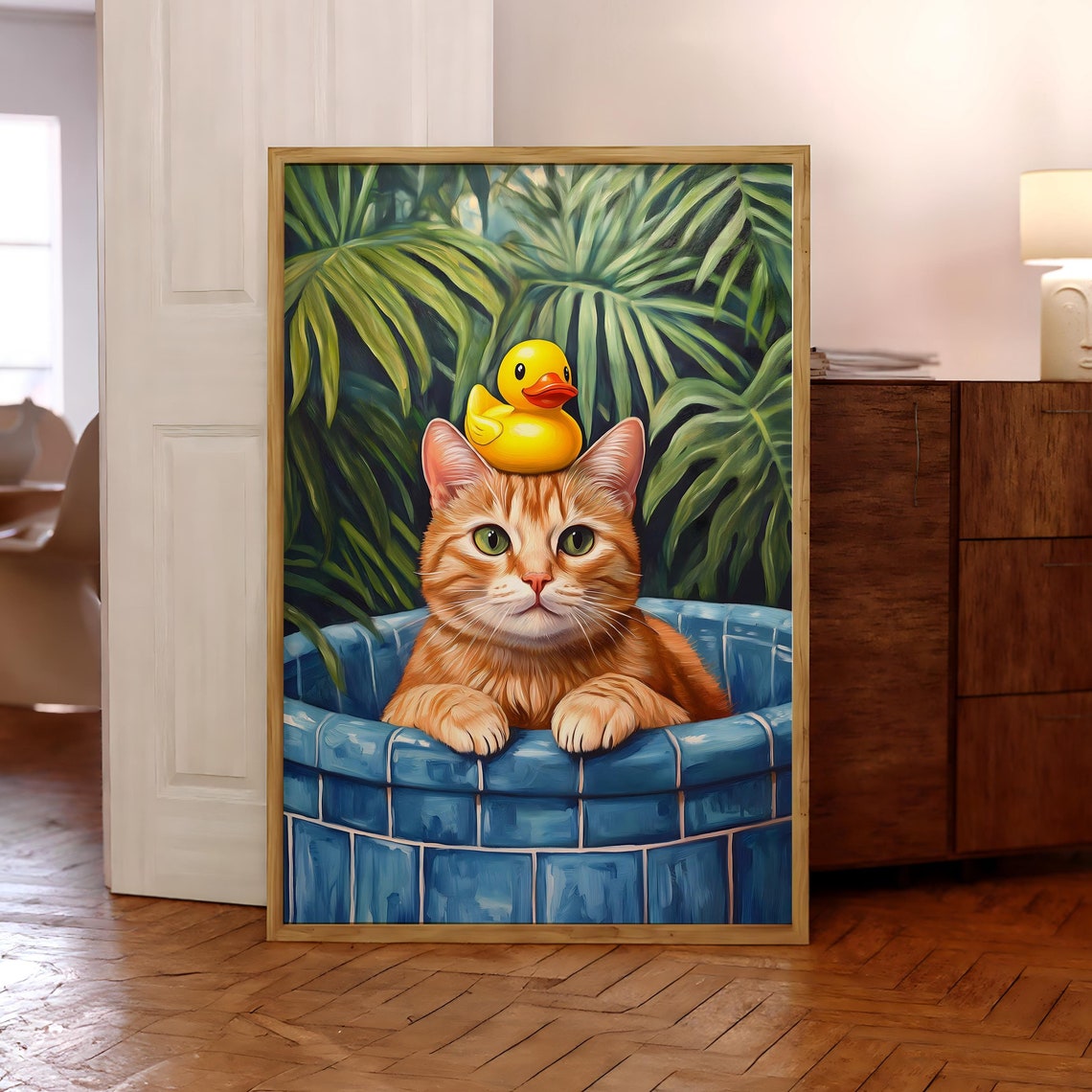 Funny Ginger Cat in Bathtub Poster with Yellow Rubber Duck on Its Head