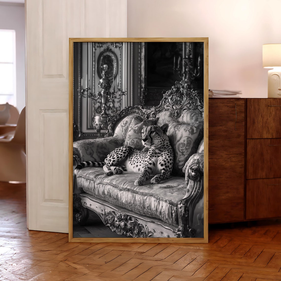 Elegant Cheetah Lounging on an Ornate Baroque Chaise Noir Poster