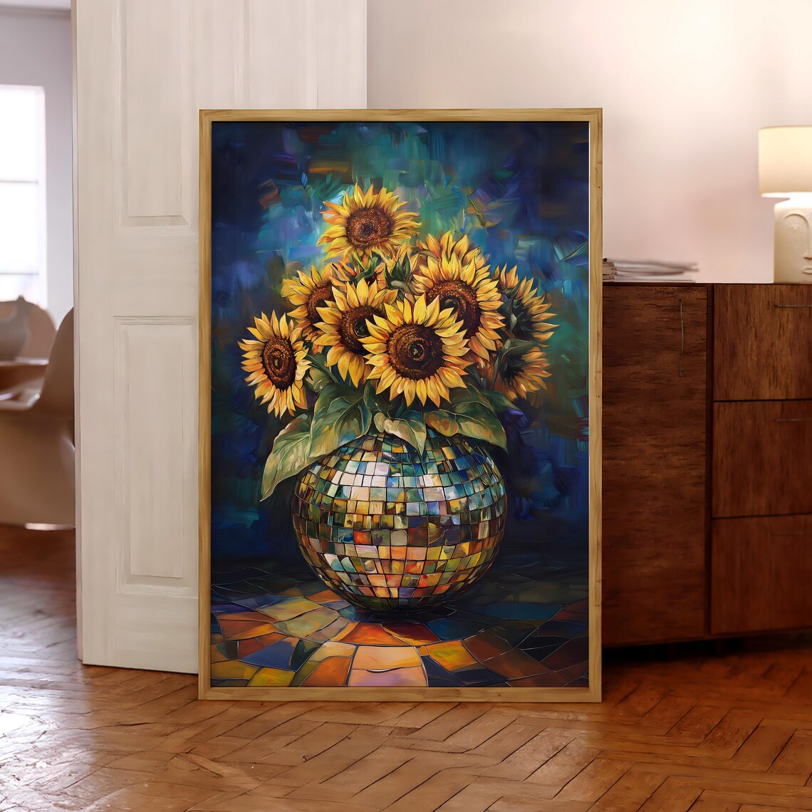 Sunflower Still Life in Mosaic Disco Vase on Blue Wall Poster