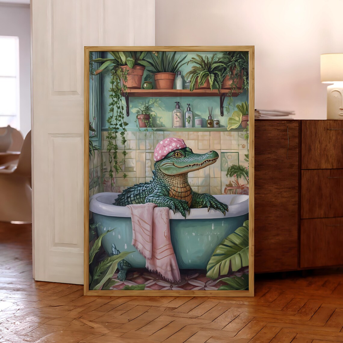 Gator In Bathtub Pink Shower Cap Funny Vintage Bathroom Poster