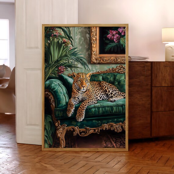 Leopard On Emerald Green Sofa Poster Wall Art Maximalist Decor Jungle Print Vibrant Cheetah Prints Optional Frame