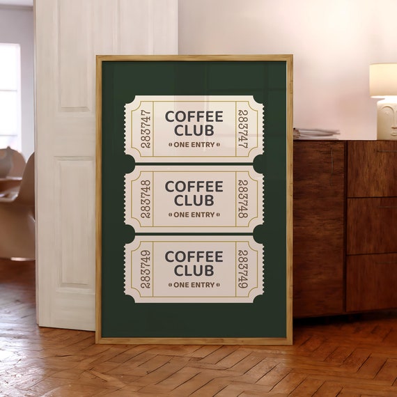 Coffee Club Ticket Print Poster Vintage Art Lover Gift Trendy Kitchen Wall Optional Frame
