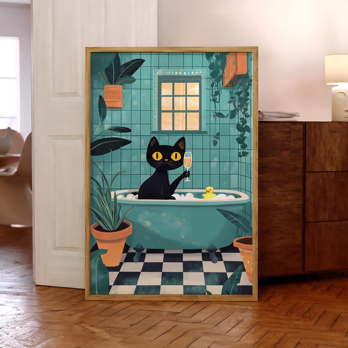 Relaxed Black Cat In Bubbly Bathtub Holding Champagne Glass Poster