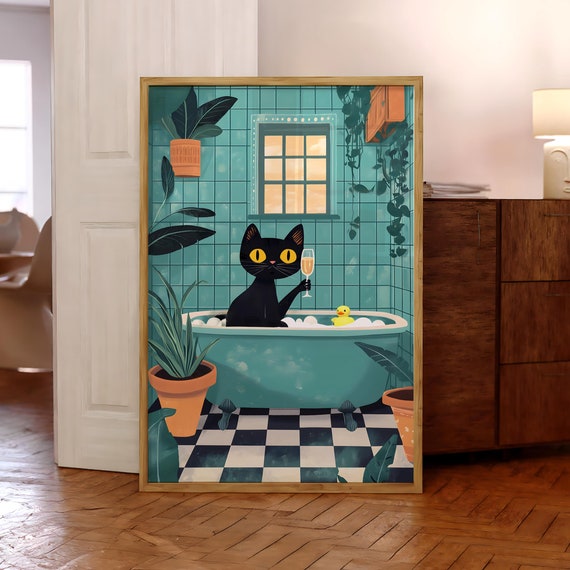 Funny Black Cat Rubber Duck Poster In Bathtub Print Jungle Wall Art Pink Bathroom Prints Animal Optional Frame