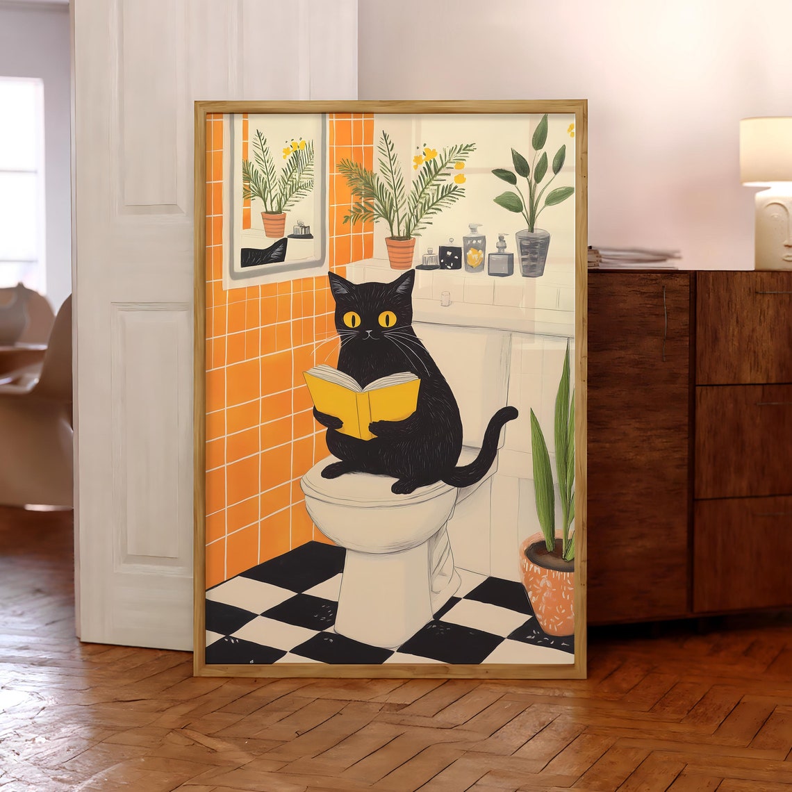 Black Cat Reading Book on Toilet Funny Quirky Bathroom Poster