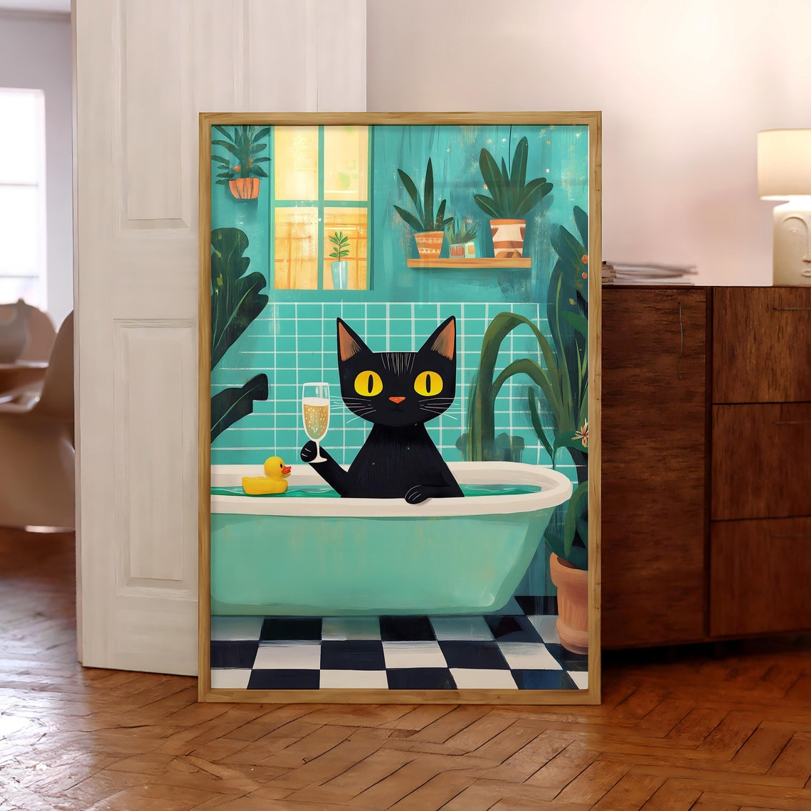 Funny Black Cat Relaxing In Bathtub With Champagne Rubber Duck Poster