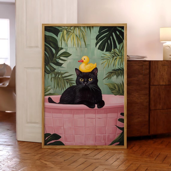 Funny Black Cat Rubber Duck Poster In Bathtub Print Jungle Wall Art Pink Bathroom Prints Animal Optional Frame