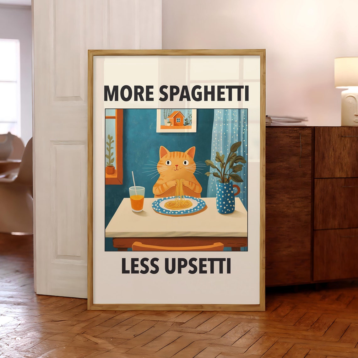 More Spaghetti Less Upsetti Funny Cat Eating Spaghetti Kitchen Poster