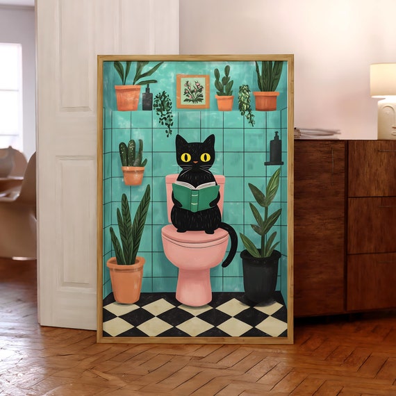 Funny Bathroom Cat Print Black Toilet Wall Art Pink Poster Pooping Lover Gift Optional Frame