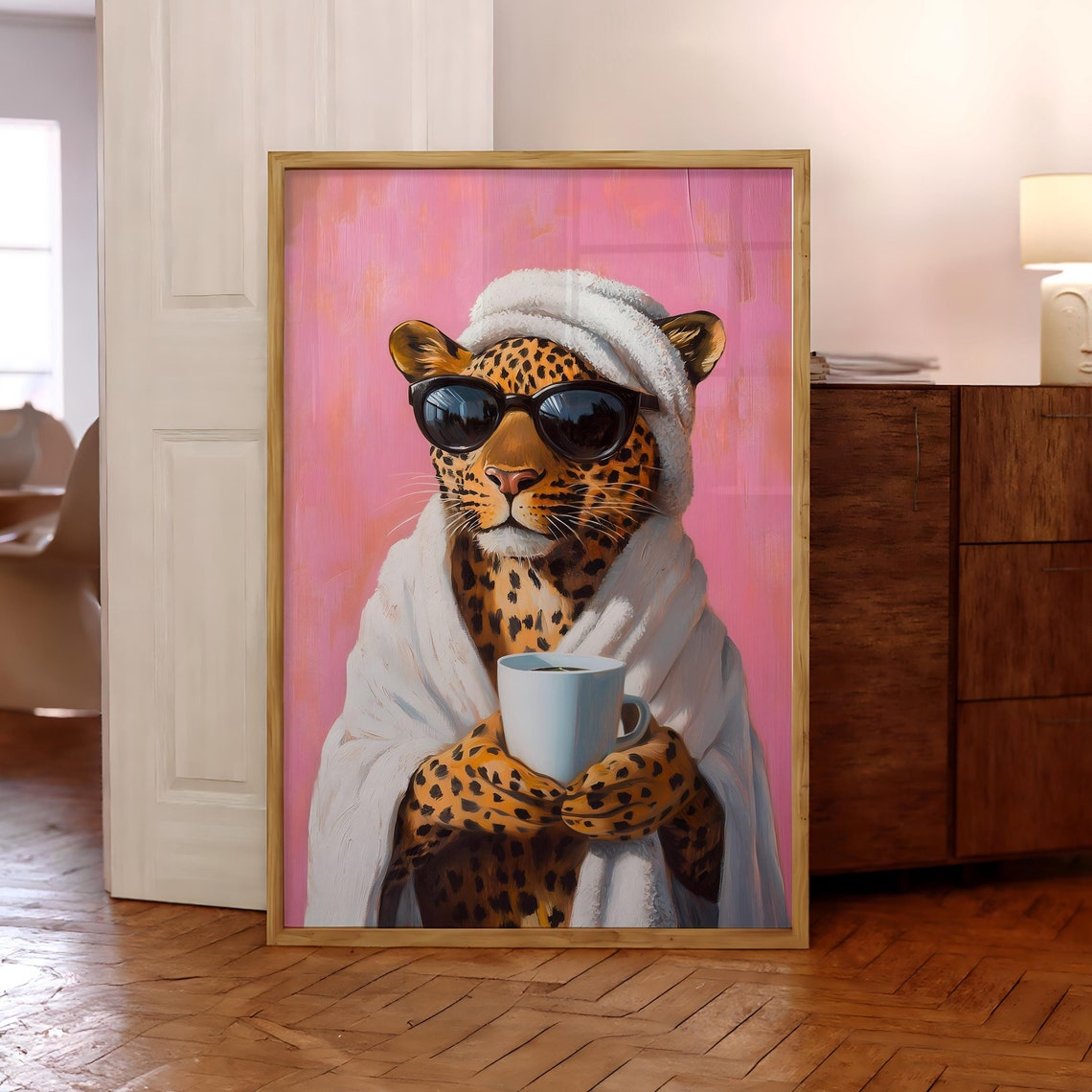 Chic Leopard in Sunglasses Holding Coffee Funny Animal Poster