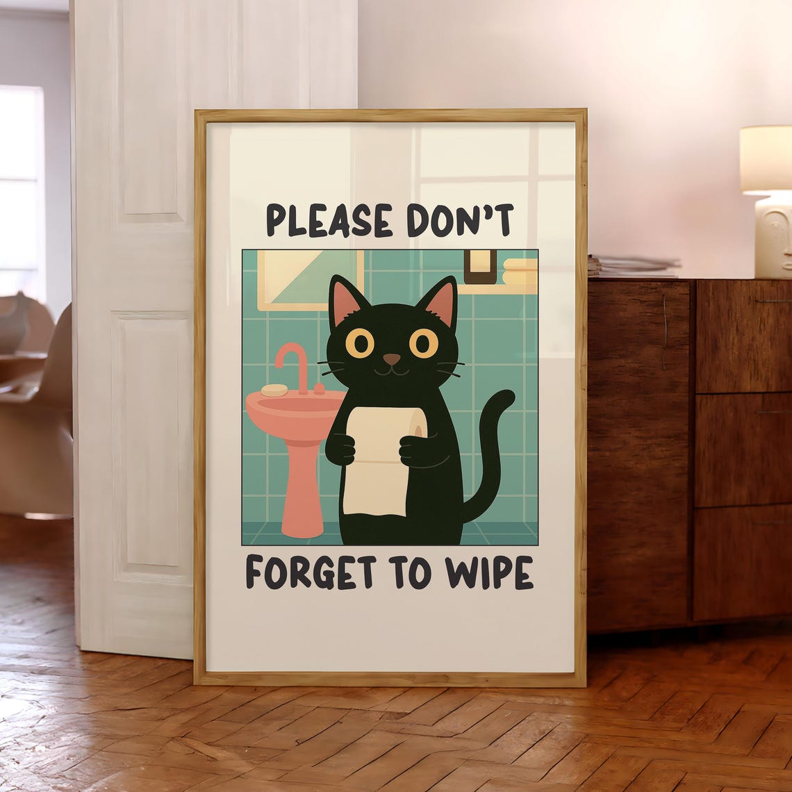 Cheeky Black Cat Toilet Humor Retro Bathroom Decor Funny Wall Art