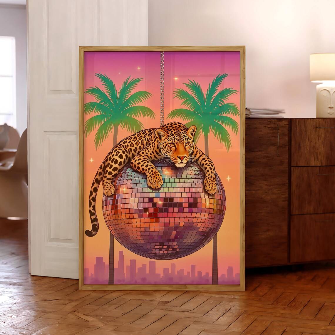 Leopard On Disco Ball Poster Wall Art Maximalist Decor Jungle Print Vibrant Prints File