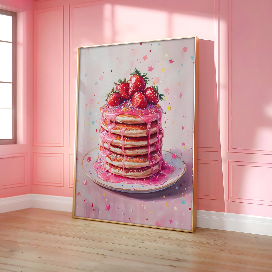 Pink Strawberry Pancake Stack Retro Food Illustration Poster