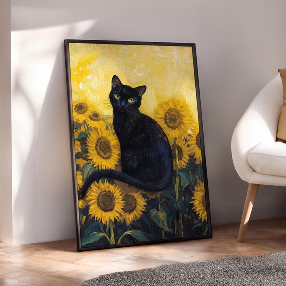 Black Cat Sunflowers Print Whimsical Poster Funny Wall Art Lover Painting Gift Optional Frame