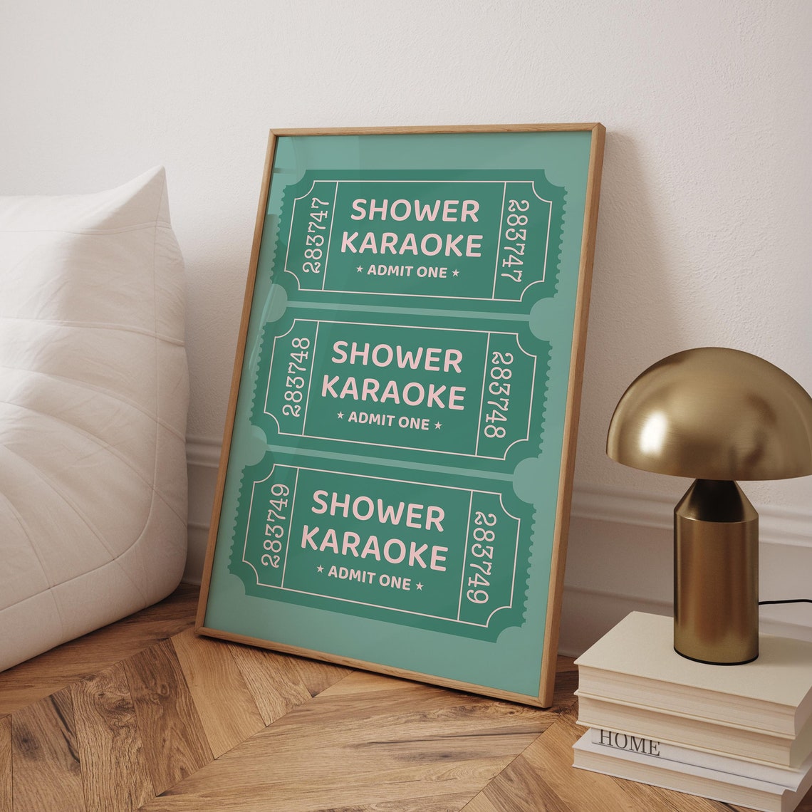 Shower Karaoke Ticket Stub On Teal Background Retro Typography Poster