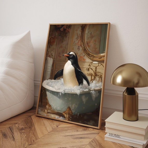 Penguin In Bathtub Bathroom Poster Funny Wall Art Print Bubble Bath Optional Frame