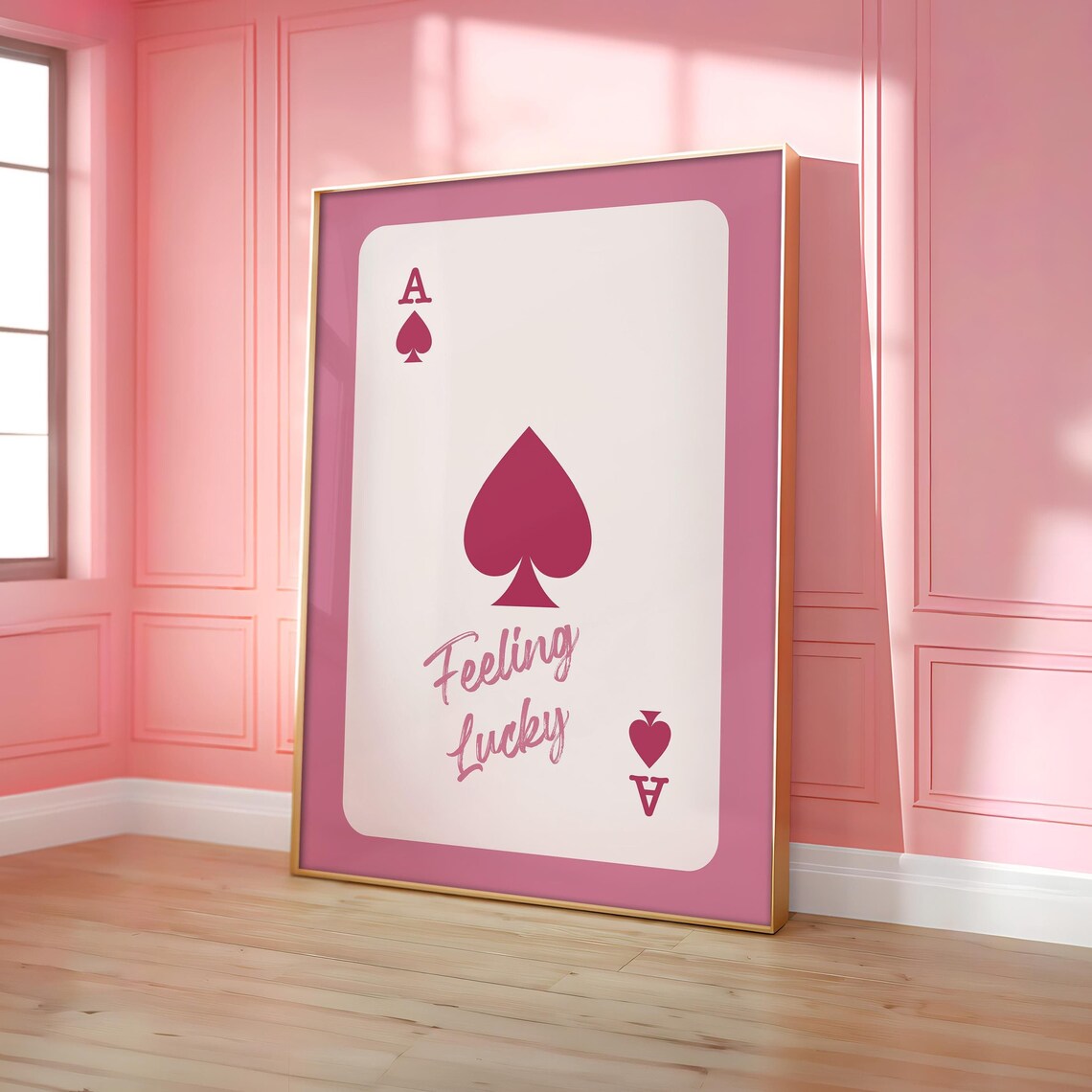 Dusty Pink Ace Of Spades Playing Card Feeling Lucky Script Poster