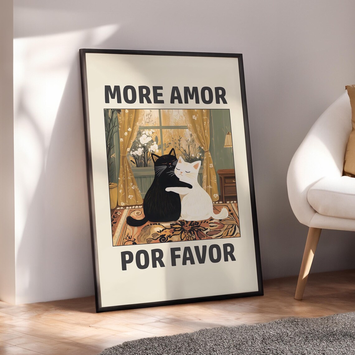 More Amor Por Favor Black White Cats Cozy Window Scene Poster