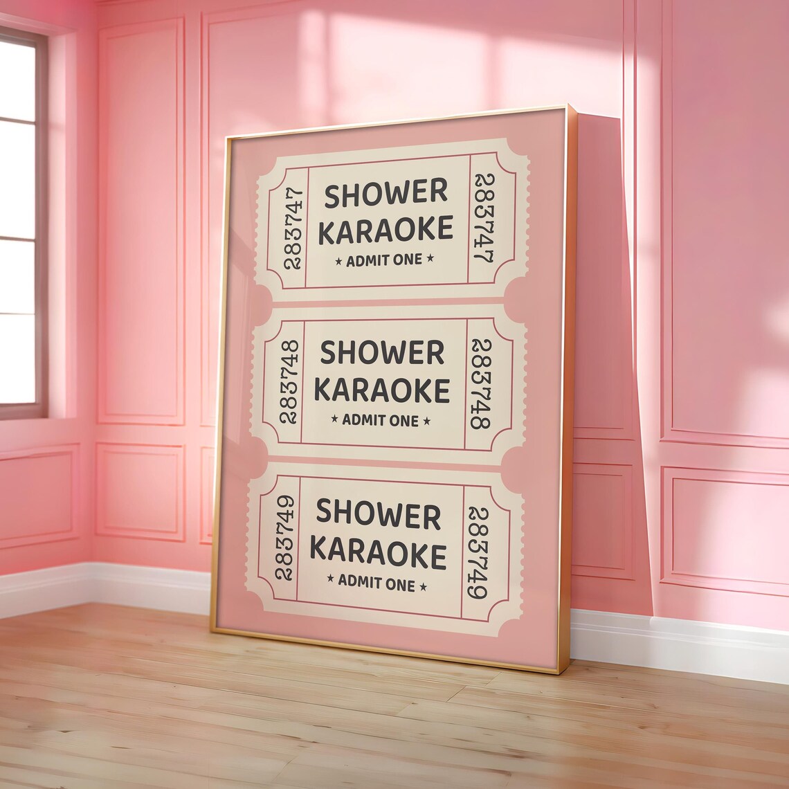 Shower Karaoke Ticket Poster, Pink Preppy Bathroom Art