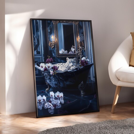 Snow Leopard Floral Bathtub Print Cheetah Bathroom Poster Luxury Wall Art Pink Prints Animal Optional Frame