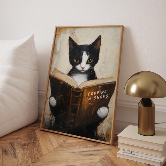 Funny Cat Bathroom Print Pooping In Shoes Poster Toilet Wall Art Decor Humorous Prints Optional Frame