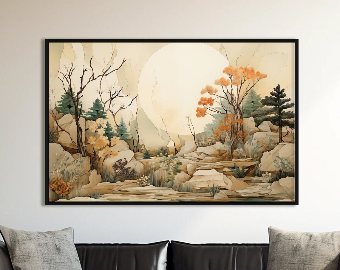 Neutral Japanese Style Rocky Landscape Pines Sun Beige Art Poster - Image 4