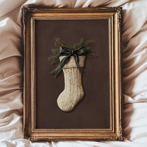 Cream Knit Christmas Stocking Evergreen Bow Dark Brown Poster