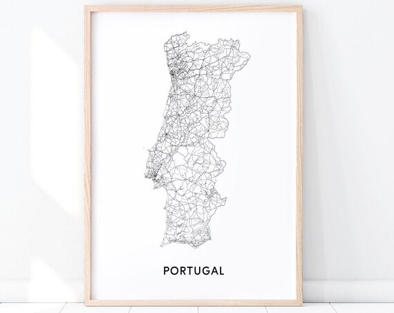 Portugal Map Print, Black and White Minimalist