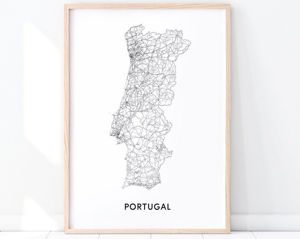 Portugal Map Print, Black and White Minimalist