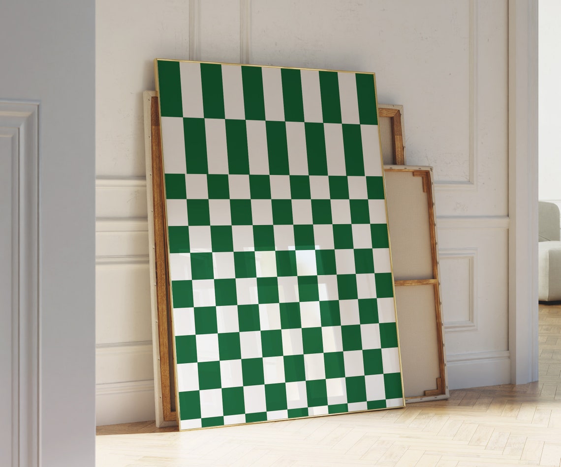 Green Checkered Retro Pattern Print 70s Checkerboard Kitchen Decor