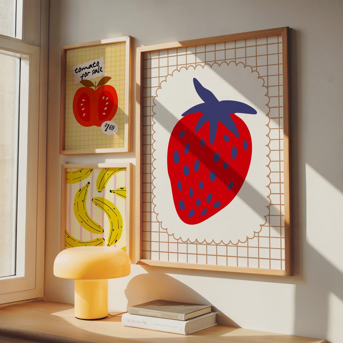 Retro Fruit Kitchen Poster Set Strawberry Banana Tomato Trio Bundle