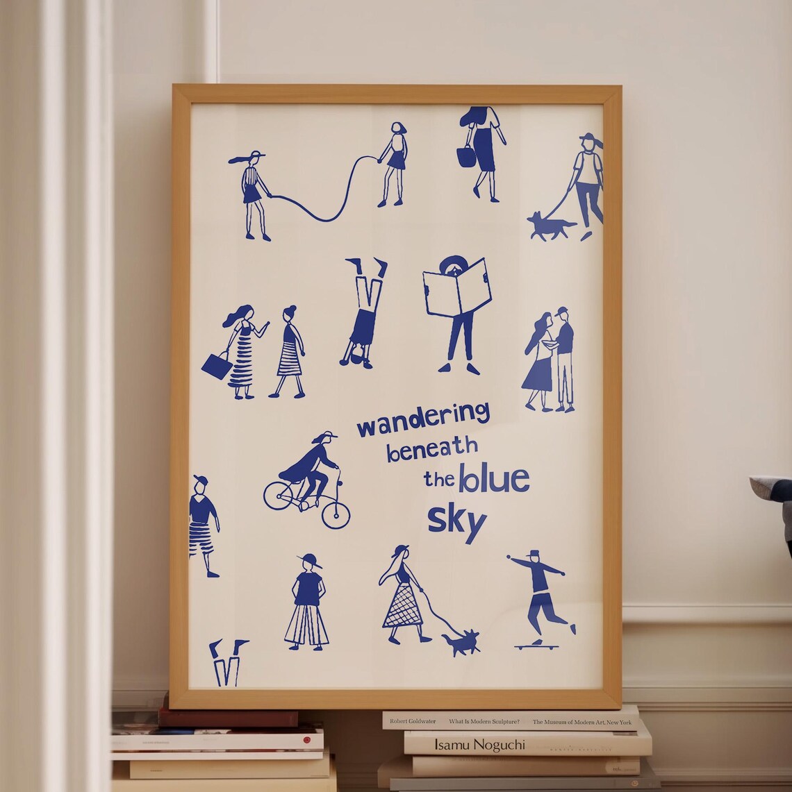 Whimsical Wandering Beneath The Blue Sky Blue Doodle People Art Print